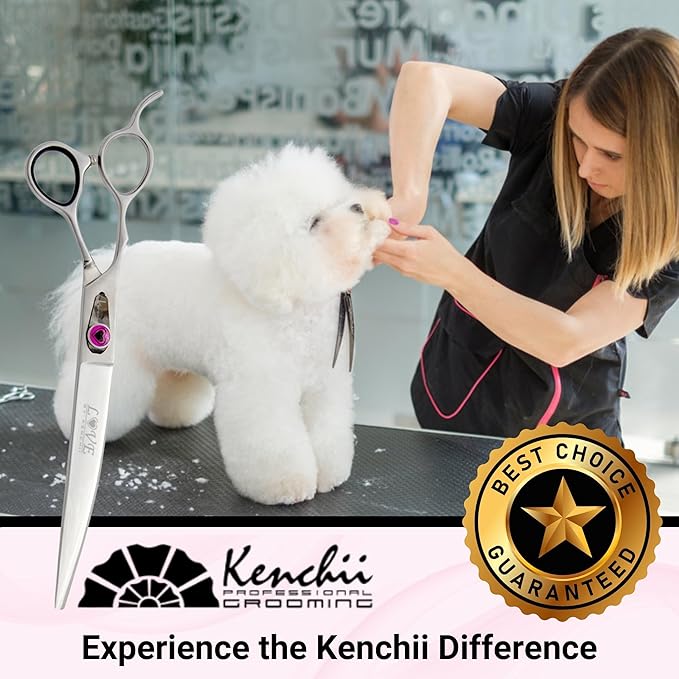 Kenchii Love Dog Grooming Scissors, 8 Inch Curved Shears, Dog Scissors for Grooming, Professional Pet Grooming Scissors