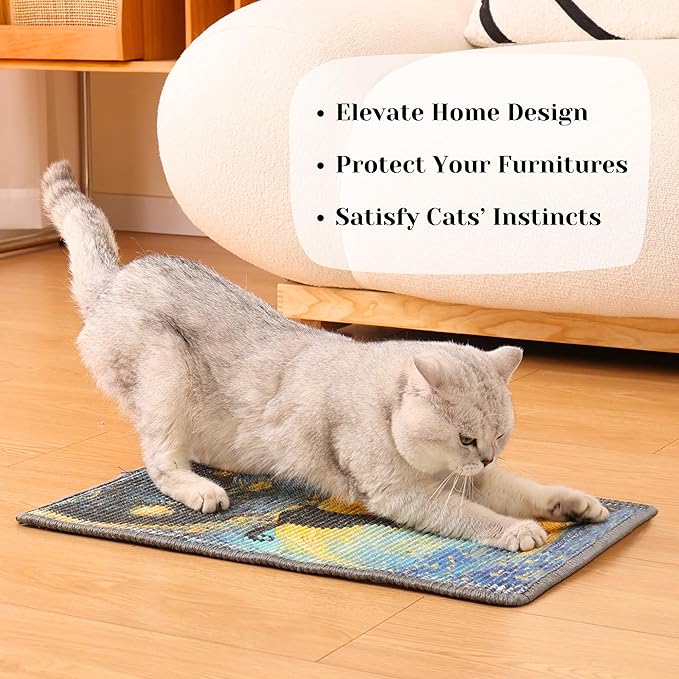 Sisal Cat Scratcher Post Mat (Use on Wall, Couch and Carpet), Durable and Shedding-Resistant Cat Scratching Surface - 21.7x13 inch with Hoop and Loop Adhesives, Twist Pins (Starry Night)