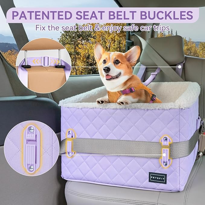PETSFIT Dog Booster Car Seat, Soft Foam Cat Car Seat with Patented Safety Buckles, Storage Pockets and Detachable Clip-On Safety Leash, Dog Car Seats for Small Dogs Under 30 LBS (Purple)