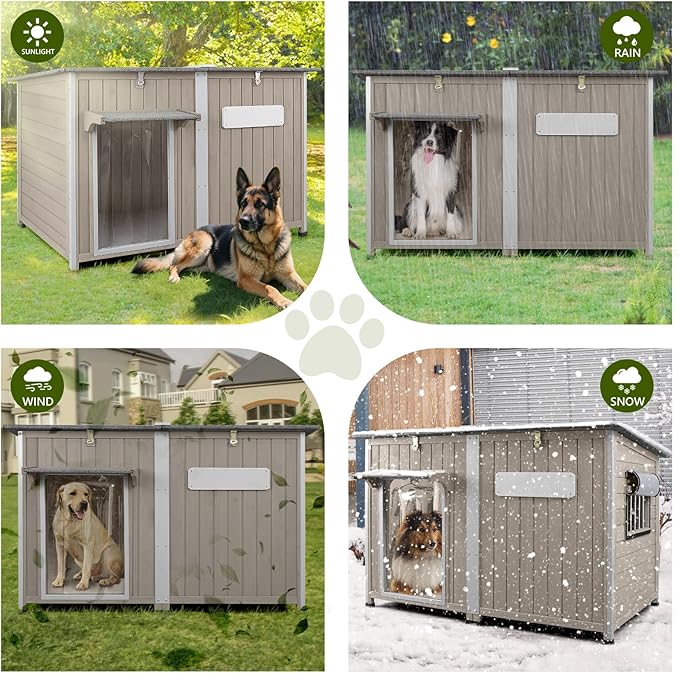 Large Dog House Outdoor XL Wooden Dog House with Weatherproof Asphalt Roof, Chew-Resistant Frame, Removable Floor, for Medium to Large Dogs Indoor Outdoor Use (Grey, 55.1"L x 33.1"W x 34.8"H)