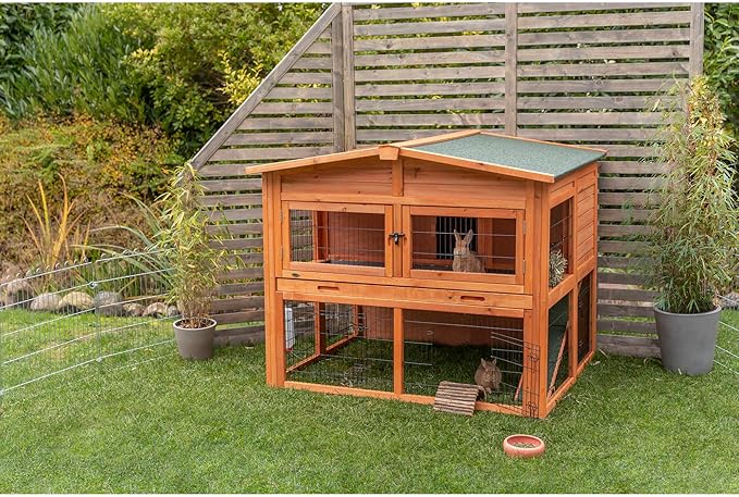 TRIXIE natura Outdoor Deluxe Rabbit Hutch with Run - Large 2-Story Rabbit Cage with Non-Slip Ramp - Elevated Small Animal House with Secure Playpen, Hinged Roof & Two Pull-Out Trays - in Natural