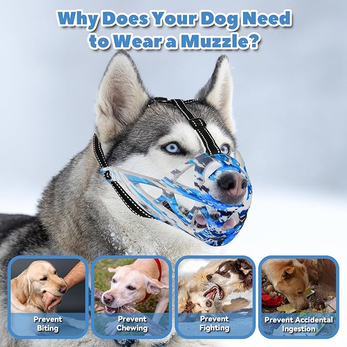 Dog Muzzle for Large Dogs, Medium and X-Large Aggressive Dog, Breathable Basket Muzzles, Suitable for Grooming Trimming Training, Allows Panting Drinking (Camouflage Blue, L)