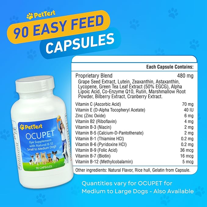 Ocupet Advanced Vision and Eye Health Supplement for Medium to Large Dogs Packed with Natural B12, Grape Seed Extract and Lutein to Support Pets with Diabetes or Eye Related Conditions-90 Capsules