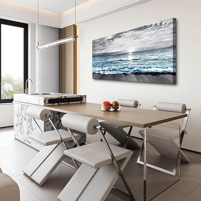 Lapremoly Black And White Beach Wall Painting Canvas Wall Art For Living Room Large Wall Decor For Bedroom Office Wall Decorations Blue Ocean Sea Wave landscape Pictures Artwork Posters Home Decor