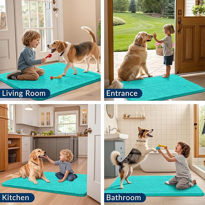 Smiry Dog Door Mat for Muddy Paws 30x20, Absorbs Moisture and Dirt Doormat, Non-Slip Washable Quick Dry Chenille Front Door Mat Indoor Entrance, Entryway Carpet for Inside Floor, Teal