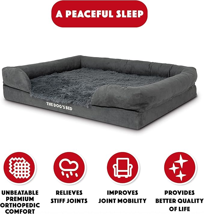 The Dog’s Bed, XL Grey Fur 43.5x34,Memory Foam, Pain Relief: Arthritis, Hip & Elbow Dysplasia, Post Surgery, Lameness, Supportive, Calming, Waterproof Washable Cover, Veterinary Approved
