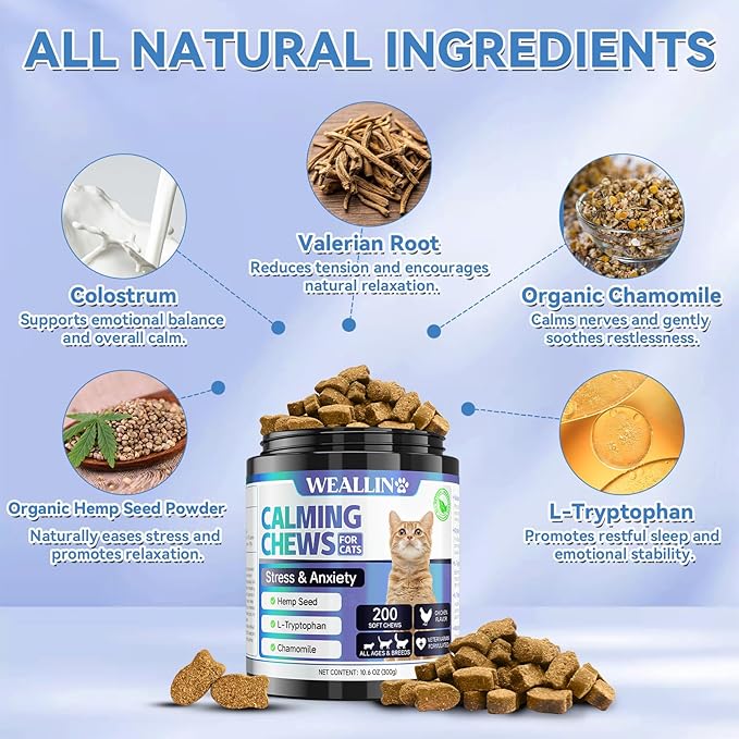 200 PCS Cat Calming Treats, Calming Treats for Cats Help to Manage Stress & Anxiety, Calming Aid for Cats with Hemp Seed Powder Chamomile Melatonin for Cat Anxiety Relief, Separation, Travel, Storms