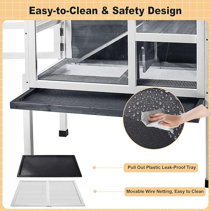 2-Story Guinea Pig Cage with Stand, Indoor Wooden Hamster Cage with Ramp, Pull-Out Tray, Hideout & Platform, Acrylic Transparent Small Animal Habitat for Chinchillas, Ferrets, Hedgehogs,Grey