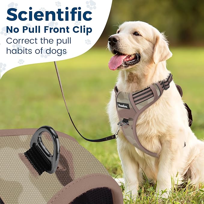 Funfox Dog Harness No Pull, Adjustable Pet Vest Harness, Super Soft Material with Vertical Handle Easy Control, Reflective Night Walking, 2 Leash Clips for Small Sized Dogs, Camo Brown, S