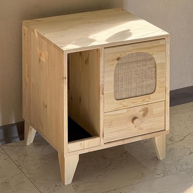 Cat Litter Box | Hidden Litter Box Furniture with Removable Divider | Wooden Cat Washroom Furniture | Indoor Cats House (Natural)