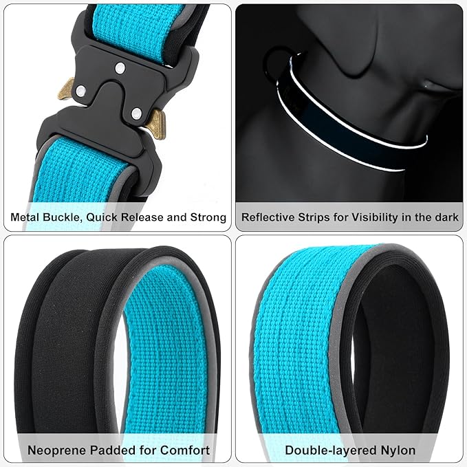 Plutus Pet Tactical Dog Collar, Reflective, Adjustable Heavy Duty Dog Collar, Soft Padded and Comfortable, for Small Medium and Large Dogs (Cyan, L)