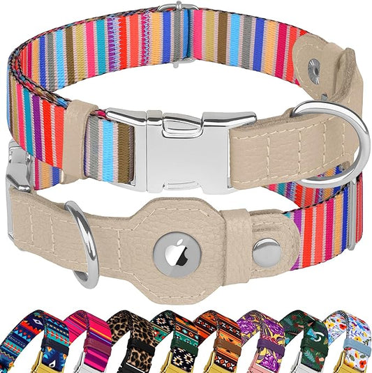 AirTag Dog Collar for Small Medium Large Breed - Adjustable Cute Pattern Dog Collar with Airtag Holder - Soft Leather Tracker GPS Apple Air Tag Pet Collars (X-Small, 9"-12" Neck Fit, Serape)