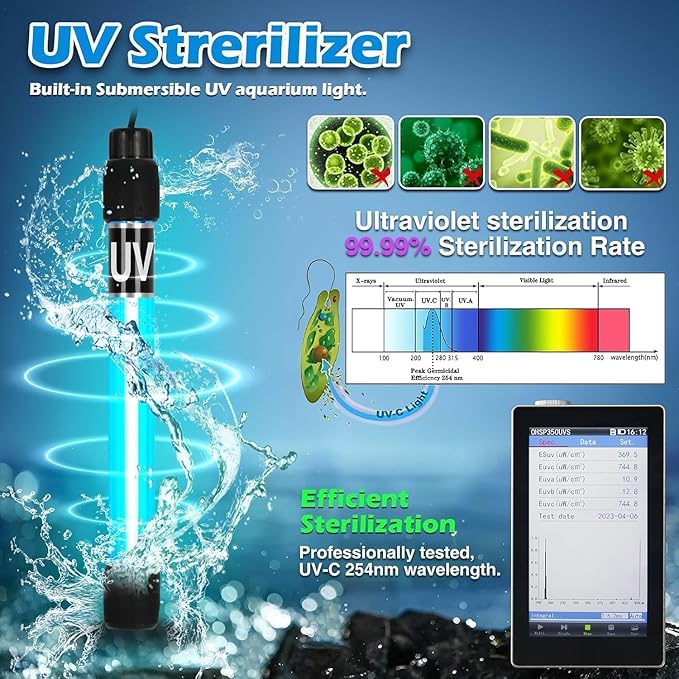 Aquarium U-V Filter Dual Spout 600GPH for Large 100-300 Gallon Fish Tank Silent Canister Internal Filter Cold Plunge Tub Koi Pond Filter, Green Clean Machine Deodorization for Saltwater Freshwater