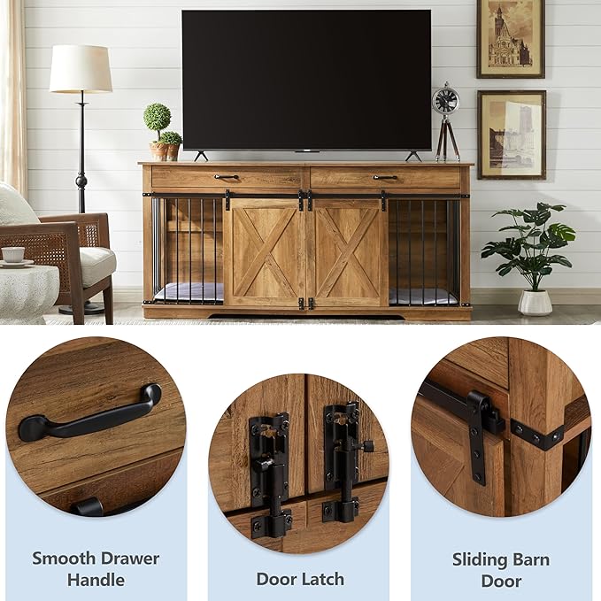 72.5" Extra Large Furniture Style Double Dog Crates for Large Breeds, XXL Wooden Dog Kennel Furniture with Drawers, Divider, Water Resistant & Barn Door for 2 Dogs, Rustic Oak
