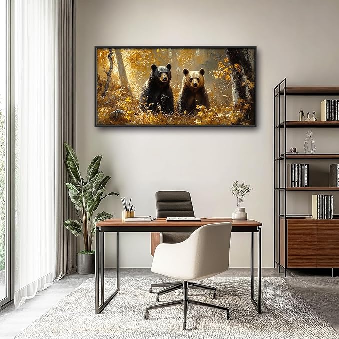 Large Forest Bear Wall Art for Living Room, Black Bear Autumn Canvas Oversized Wall Decor, Wildlife Framed Pictures Painting Print Artwork for Bedroom Office 60L" x 30W"
