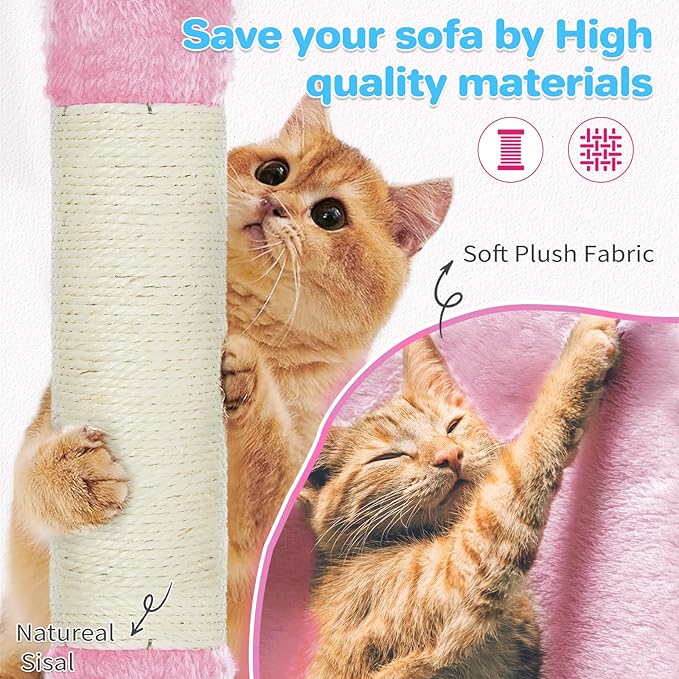 Cat Tree Tower 63in Multi-Level Cat Tower for Indoor Cats with Sisal Scratching Posts, Condo, Hammock, Dangling Ball and Extended Platform for Cats to Play, Pink