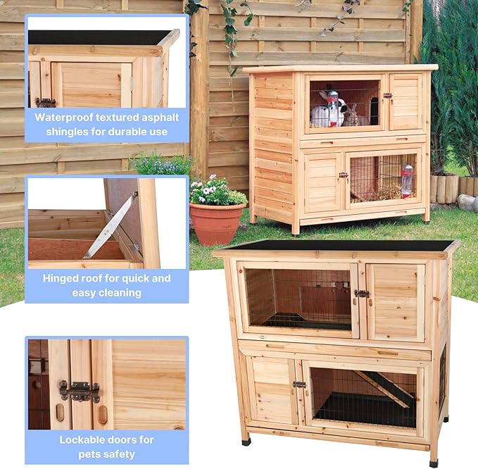 Trixie 2-Story Rabbit Hutch with Retreat Area, Non-Slip Ramp, Hinged Roof with Locking Arm, 4 Doors, 2 Metal Slide Latches, and Pull-Out Trays for Easy Cleaning