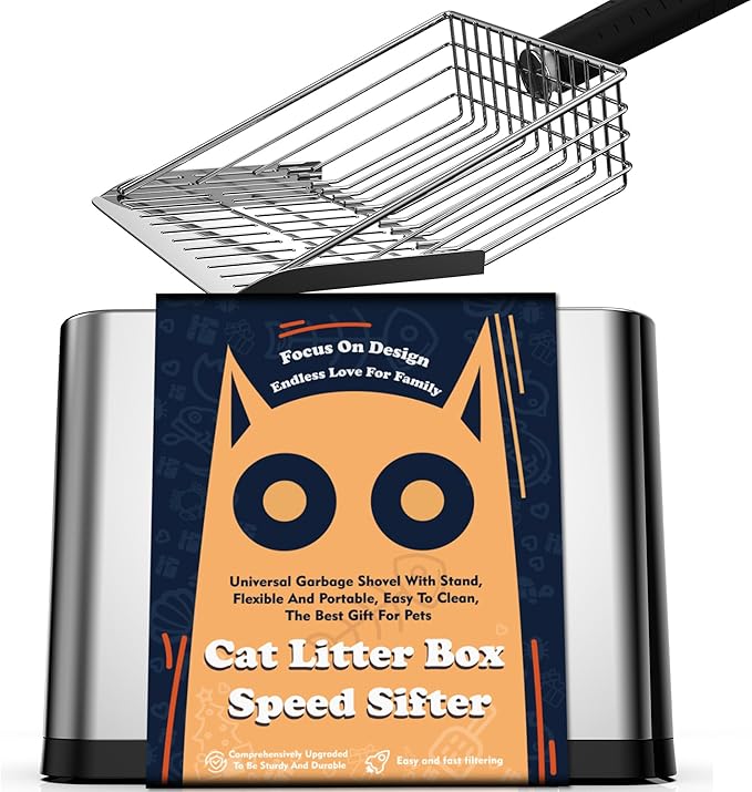 Heavy Duty Stainless Steel Cat Litter Scoop with Holder - Non-Slip Handle, Quick-Sifting Grid & Easy to Clean