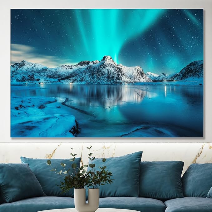 Nature Wall Art Prints - Ocean Forest Mountain Lake Canvas Landscapes - Small to Extra Large Living Room Bedroom Kitchen Bathroom Décor (Northern Lights Over Lake, 16L" x 24W")