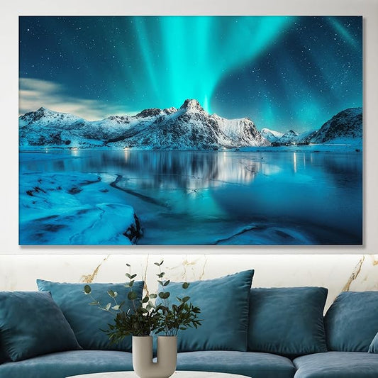 Nature Wall Art Prints - Ocean Forest Mountain Lake Canvas Landscapes - Small to Extra Large Living Room Bedroom Kitchen Bathroom Décor (Northern Lights Over Lake, 35L" x 53W")