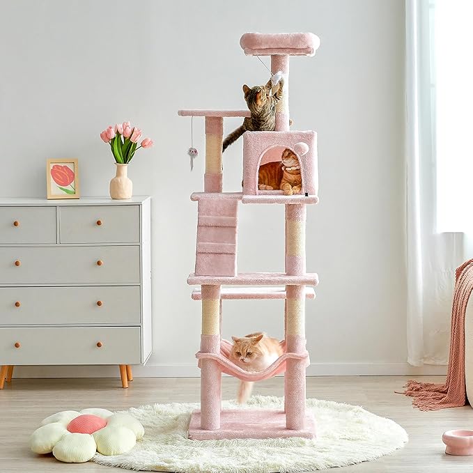 MWPO 63.8-Inch Pink Cat Tree for Indoor Cats, Multi-Level Cat Tower with Sisal-Covered Scratching Posts, Padded Platform, Hammock, Dangling Toys, Stable Cat Condo Pet Play House