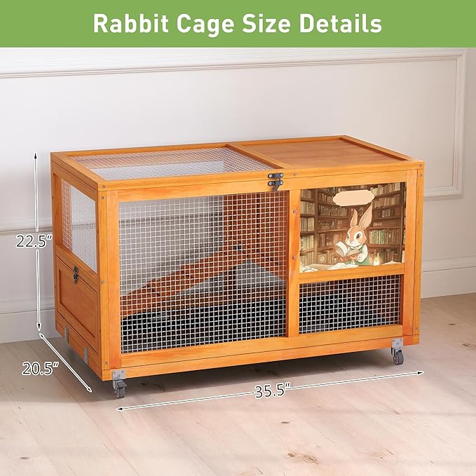 COZIWOW Wooden 36Inches Rabbit Hutch Indoor with Wheels Bunny Cage Outdoor Rabbit Cage with Clean Tray, Openable Roof, Anti-Slip Ramp for Small Bunny (Orange with Pattern)