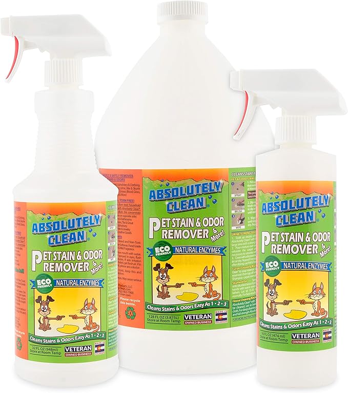 Absolutely Clean Amazing Pet Odor Eliminator for Home, Professional Strength: Natural Enzymes Remove Most Stains in 60 Seconds -Dog/Cat Urine, Vomit, Bile, Feces, Grass, Blood, Drool, More -USA Made