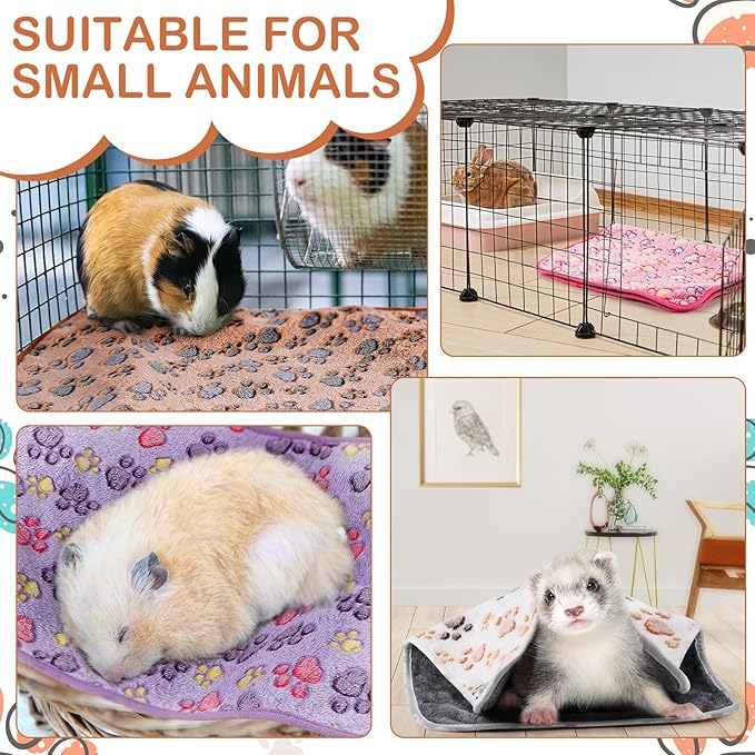Reginary 4 Pcs Waterproof Guinea Pig Blankets Washable Small Animal Fleece Bedding Absorbent Guinea Pig Cage Liners Reusable Pet Pee Pad Sleep Mat for Hamster Ferret(Paw Print,35 x 24 Inch)