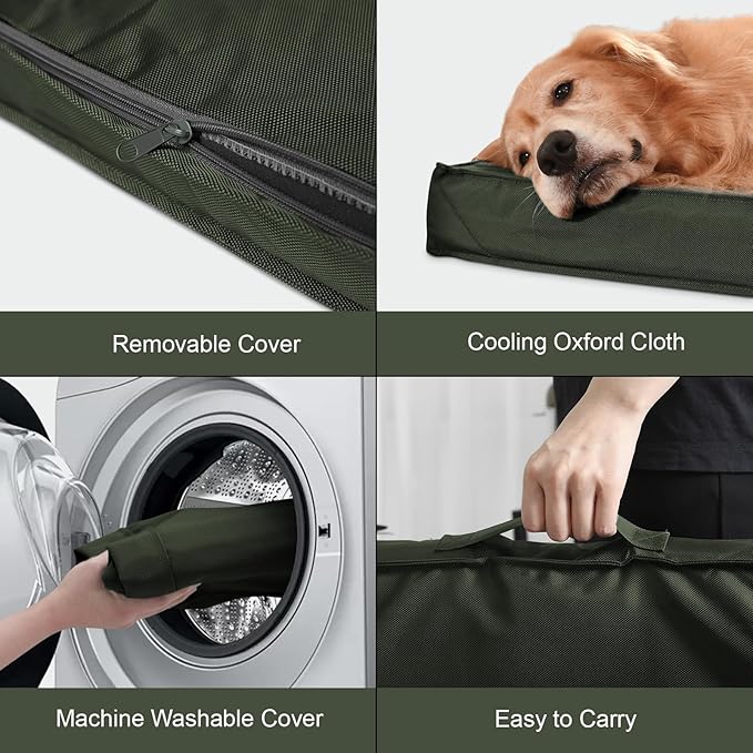 Outdoor All Weather Large Dog Bed, Waterproof Dog Bed for Large Dogs, Orthopedic Egg Foam Pet Bed with Washable and Removable Oxford Cooling Cover, Dark Green