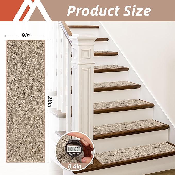 COSY HOMEER Edging Stair Treads Non-Slip Carpet Mat 28inX9in Indoor Stair Runners for Wooden Steps, Edging Stair Rugs for Kids and Dogs, 100% Polyester TPE Backing (7pc, Beige)