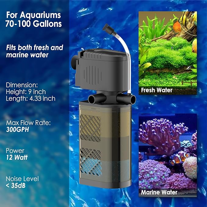 Submersible Aquarium Filter 3-Stage Fish Filter for Fish Tank, Turtle Filter Fish Tank Filter with Aeration & Dual Water Outlet, Turtle Tank Filter Pump for 70-100 GAL Aquariums