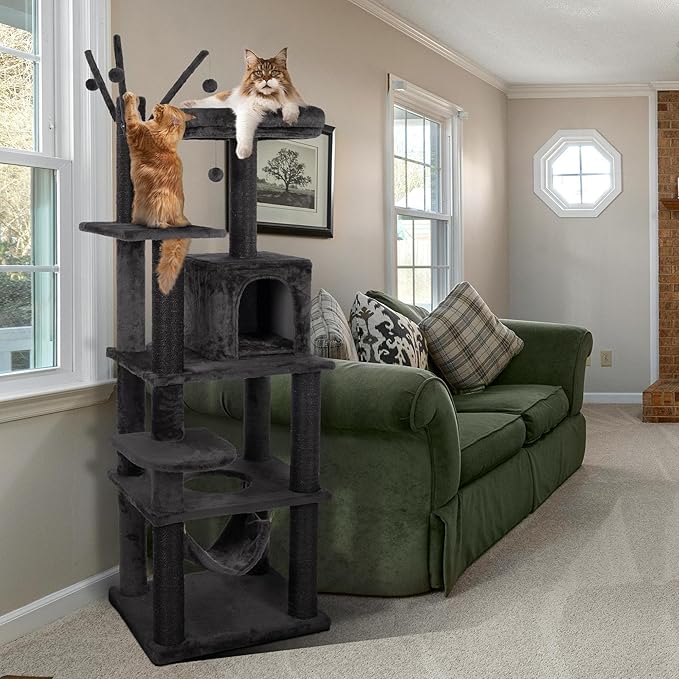 KAMABOKO Cat Tree, 73.6" H Tall Climbing Modern Indoor Play Tower for Large Cats and Kittens, Cats House with Cat Cave Condo, Cat Tree Hammock, Multi-Level Cat Activity Tree, and Cute Scratching Posts