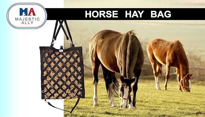 Majestic Ally Premium Nylon Hay Bag for Horses and Livestock, Simulates Grazing, Slow Feeding, Heavy-Duty PP Webbing,Quick-Adjust Straps, Small Hole for Digestion, Multiple Colors (Black)
