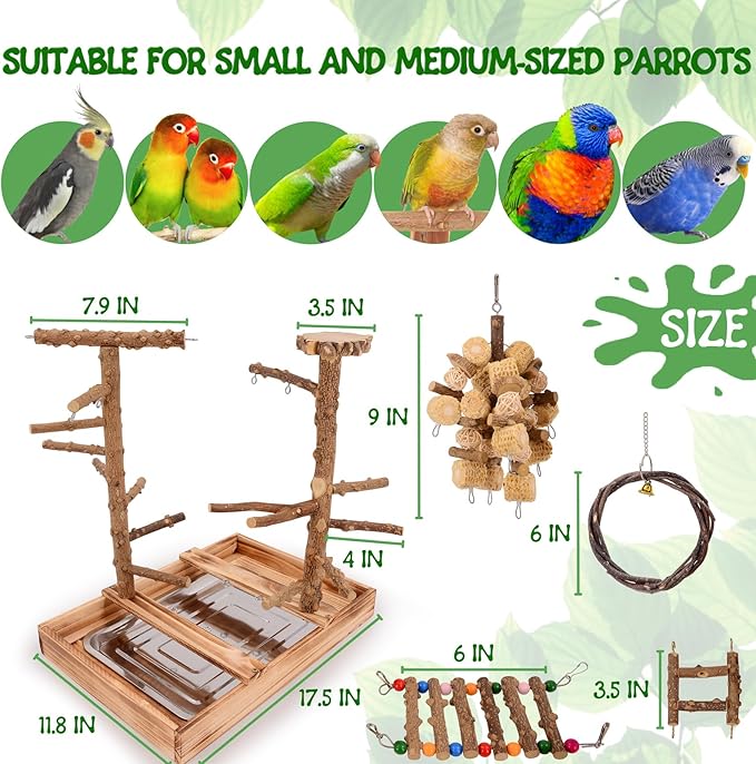 Bird Playground - Natural Wood Bird Perch Stand with Removable Tray and 2 Stainless Steel Cups
