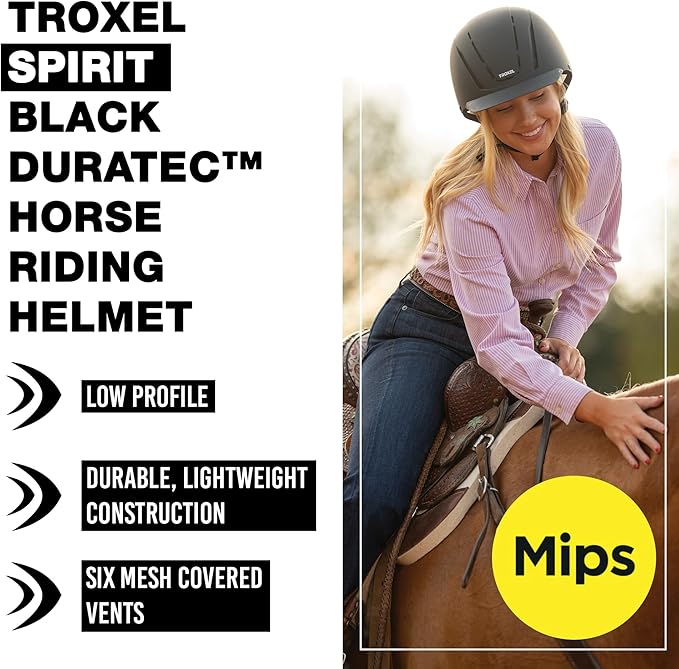Troxel Spirit MIPS Technology Full Coverage Horse Riding Helmet, Horseback Riding Gear for Equestrians, Medium (7-7-3/8), Black Duratec