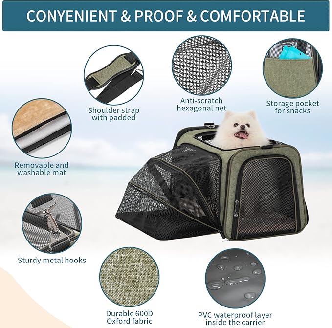 Petsfit Expandable Cat Carrier Dog Carrier, Soft-Sided Collapsible Portable Pet Carrier, 19x12x12, Green