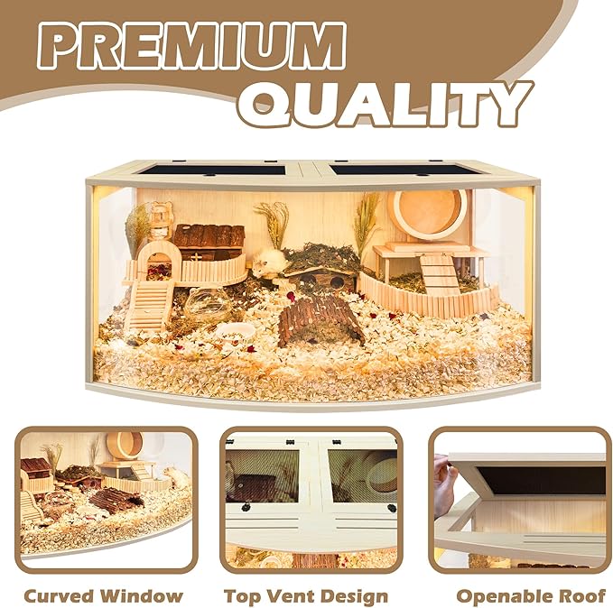 Prolee Hamster Cage Chew Proof Wood, Hamsters Enclosure Openable Top with Curved Design,Waterproof Small Animals Cage with Acrylic Sheets for Gerbils,Hamster Habitat(32 Inches)