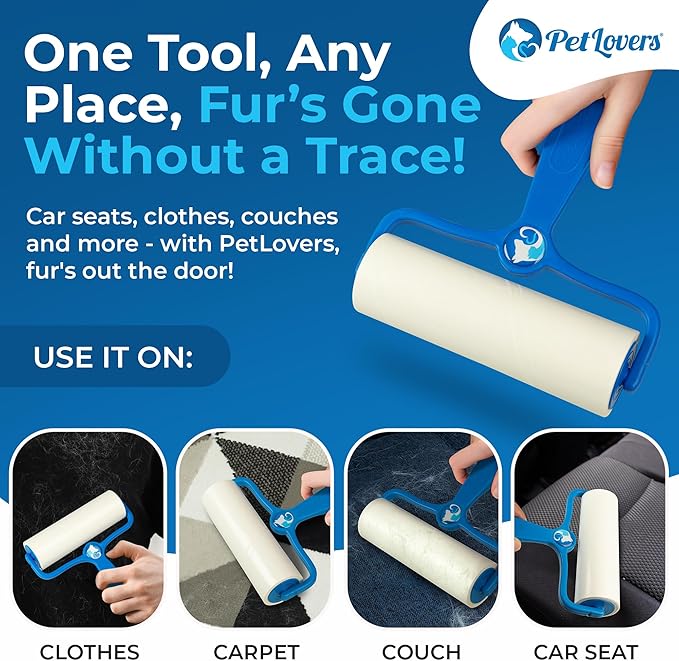 PetLovers 6.3" Large Lint Roller for Pet Hair Extra Sticky 360 Sheets, Ideal for Pet Hair Removal from Furniture & Clothes, Dog and Cat Lint Remover 4 Pack