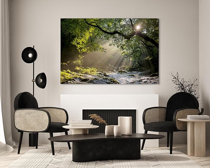 Nature Wall Art Prints - Ocean Forest Mountain Lake Canvas Landscapes - Small to Extra Large Living Room Bedroom Kitchen Bathroom Décor (Rocky River in the Woods, 20L" x 30W")