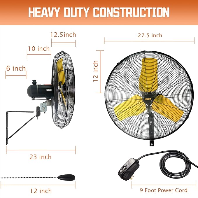 HiCFM 24" Oscillating Wall Fan, 8900 CFM High Velocity Industrial Wall Mounted Heavy Duty Shop Fans with 3 Speed Settings 80° Oscillation for Outdoor Commercial Garage Warehouse workshops Factory