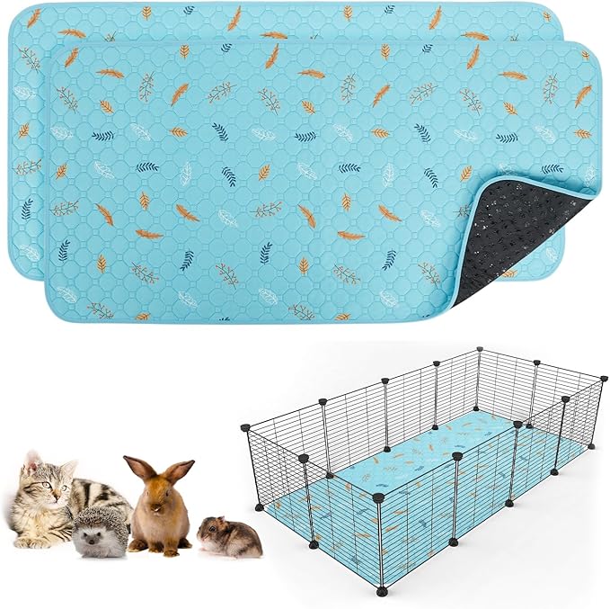 Sunheir 2 Pack Washable Guinea Pig Pee Pads, 24" x 48" Waterproof Reusable Guinea Pig Cage Liners, Absorbent Bedding Training Mat for Small Animal Guinea Pigs Rabbit Bunny Hamster - Sky Blue