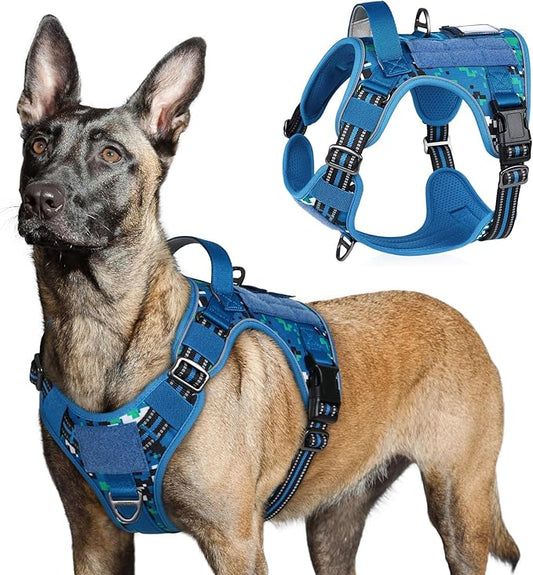 rabbitgoo Tactical Dog Harness for Large Dogs, No Pull Military Service Vest with Handle & Molle, Easy Control for Training Walking, Adjustable Reflective Straps, Blue Camo, L