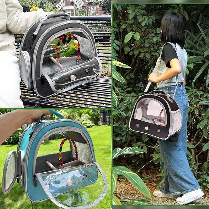 Portable Parrot Travel Cage Carrier with Small Swing Toy&Cage Colorful Toys Set Small Bird Parakeet Bag with Standing Perch Bird Carry Transport Bag (Black, Carreir/Swing)
