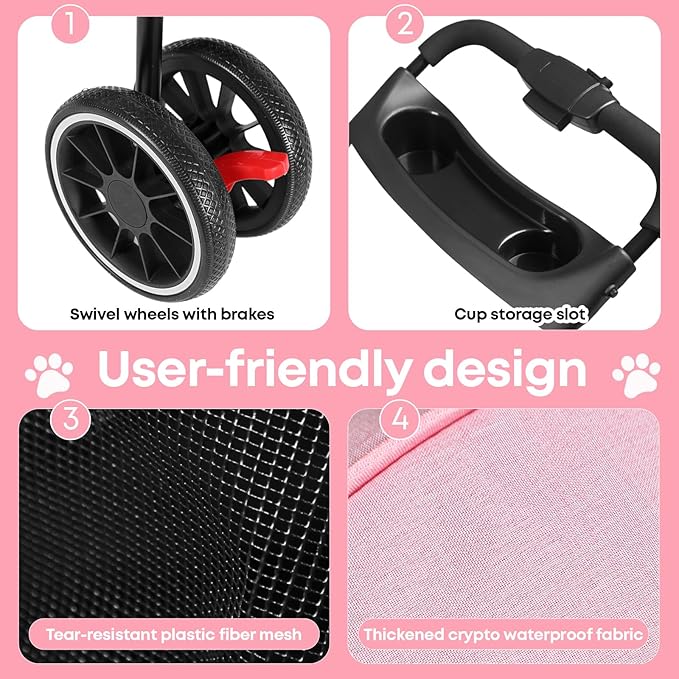 Pet Stroller,Dog Stroller for Small Medium Dogs Cats,3 Wheels,Foldable,with Breathable Mesh Canopy,Cup Holders,Easy Assembly,Pink