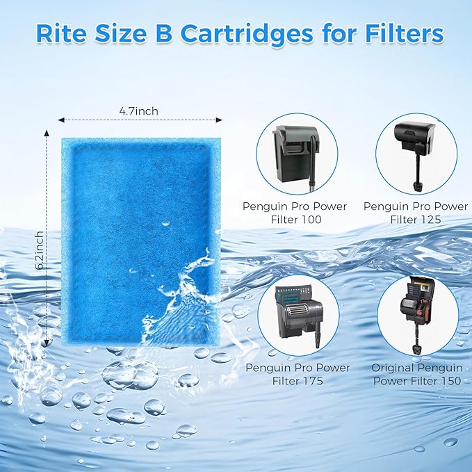 Qwakay Aquarium Filter Replacement Cartridge - 10 Pack Rite Size B Fish Tank Cartridges Compatiable with MarineLand Penguin PRO Power Filters 100/125/175 & Original Penguin Power Filter 150