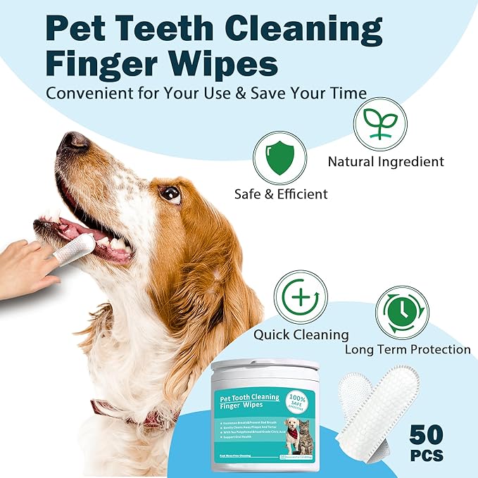 Teeth Cleaning Wipes for Pets 50Pcs ，Dog & Cat Teeth Cleaning Wipes，Pet Teeth Cleaning Finger Mitt Dental Wipe，Pet Teeth Cleaning Finger Wipes，Natural Formula Finger Grooming Wipe for Pets