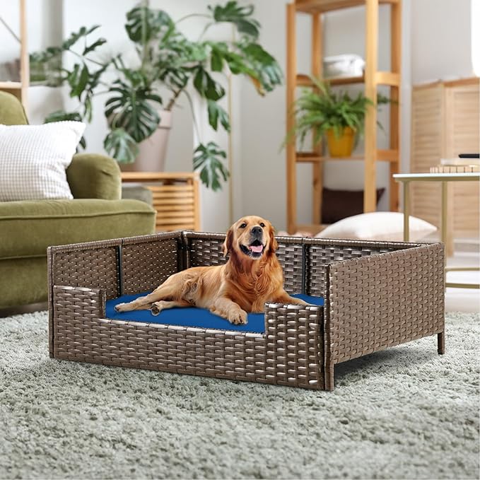 YITAHOME Rattan Dog Sofa Bed with Cushion, Wicker Pet Bed Sofa Couch Indoor Outdoor Waterproof for Large Medium Small Dogs Cats (38.6''L*26.4''W*15''H,Blue)