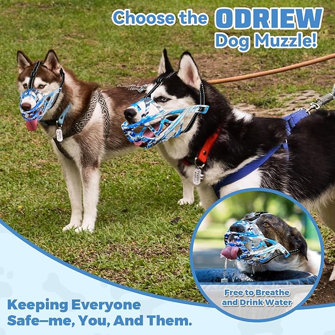 Dog Muzzle for Large Dogs, Breathable Basket Muzzles for Small, Medium and X-Large Aggressive Dog, Allows Panting Drinking, Suitable for Grooming Trimming Training (Camouflage Blue, L)