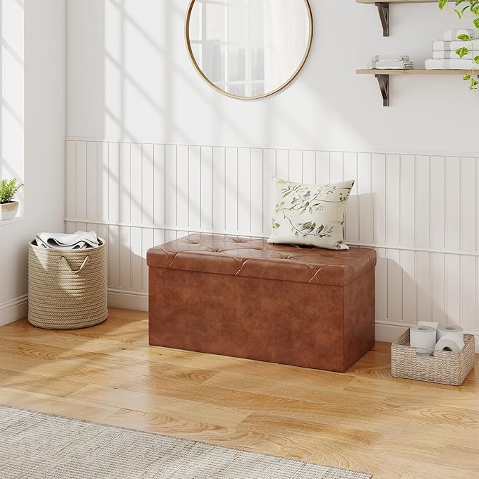 Sweetcrispy 30 Inches Folding Ottoman with Storage Bench, Foot Rest Stool, End of Bed Storage Bench Upholstered, Load 660 lbs, for Living Room, Synthetic Leather, Brown