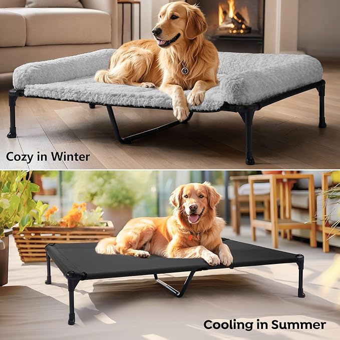 Veehoo Cooling Elevated Dog Bed Add Removable Deluxe Rose Plush Bolster Cushion Mat, 53" x 33" Washable Dog Couch Bed, Raised Pet Cot with Breathable Teslin Mesh, No-Slip Feet, Grey, CWC2439B